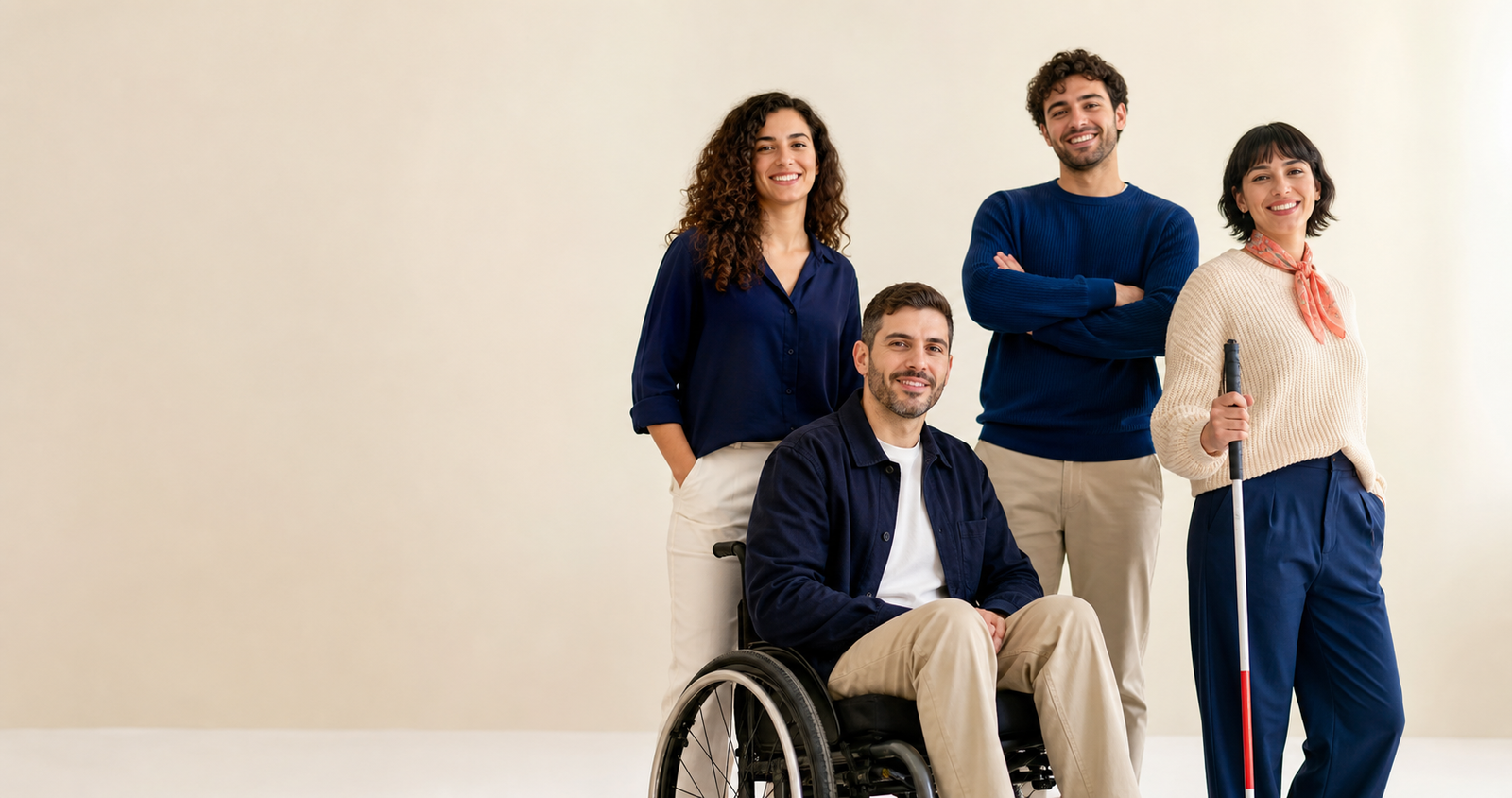 Grupo diverso de personas adultas, entre ellas una persona usuaria de silla de ruedas y otra con bastón blanco